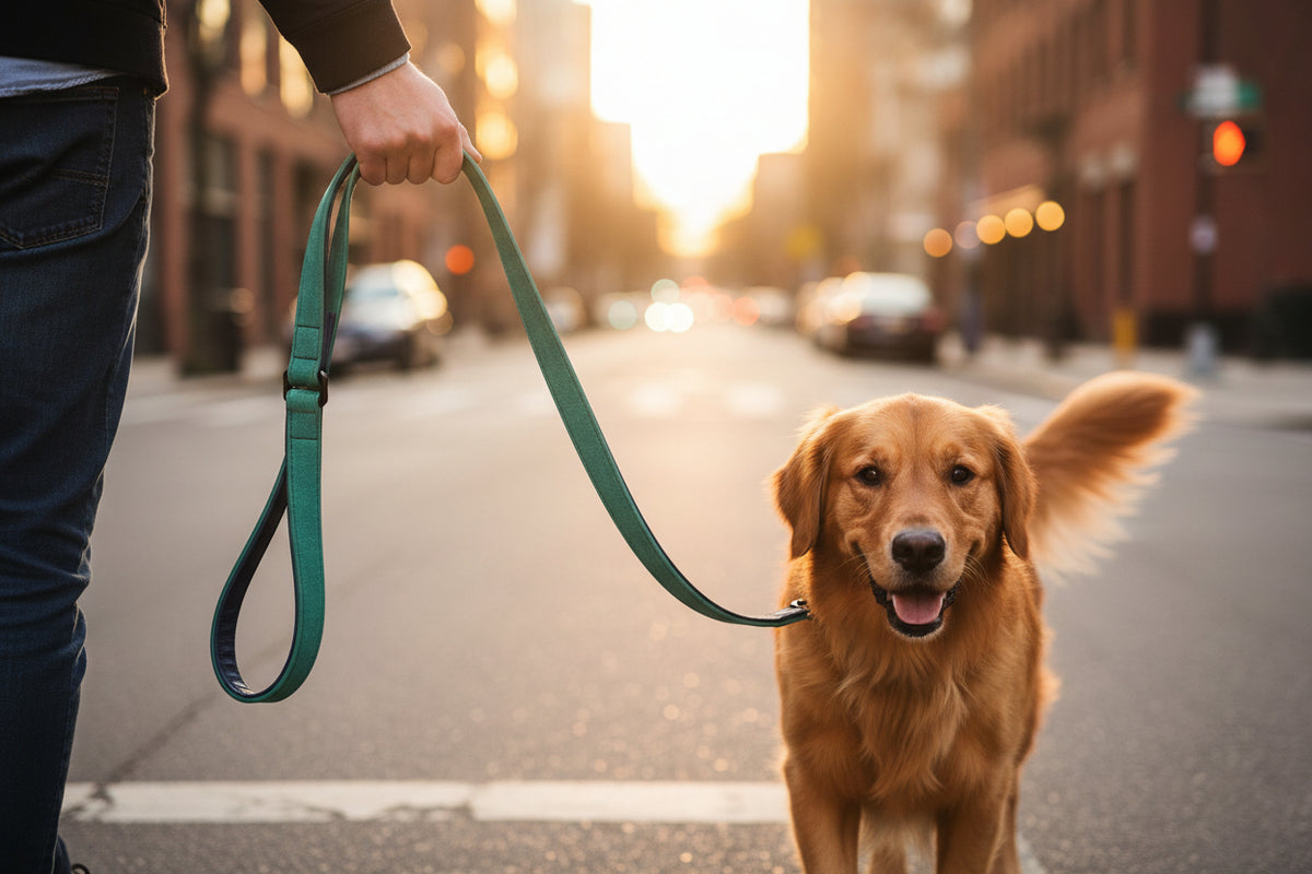 Golden Retriever an der grünen Leder-Hundeleine beim Stadtspaziergang