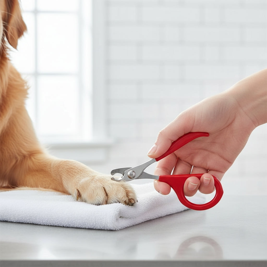 Krallenpflege beim Hund mit der Edelstahl-Krallenschere im Badezimmer