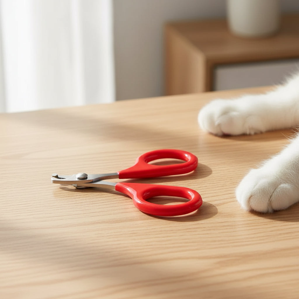 Edelstahl-Krallenschere auf dem Holztisch neben einer Katzenpfote