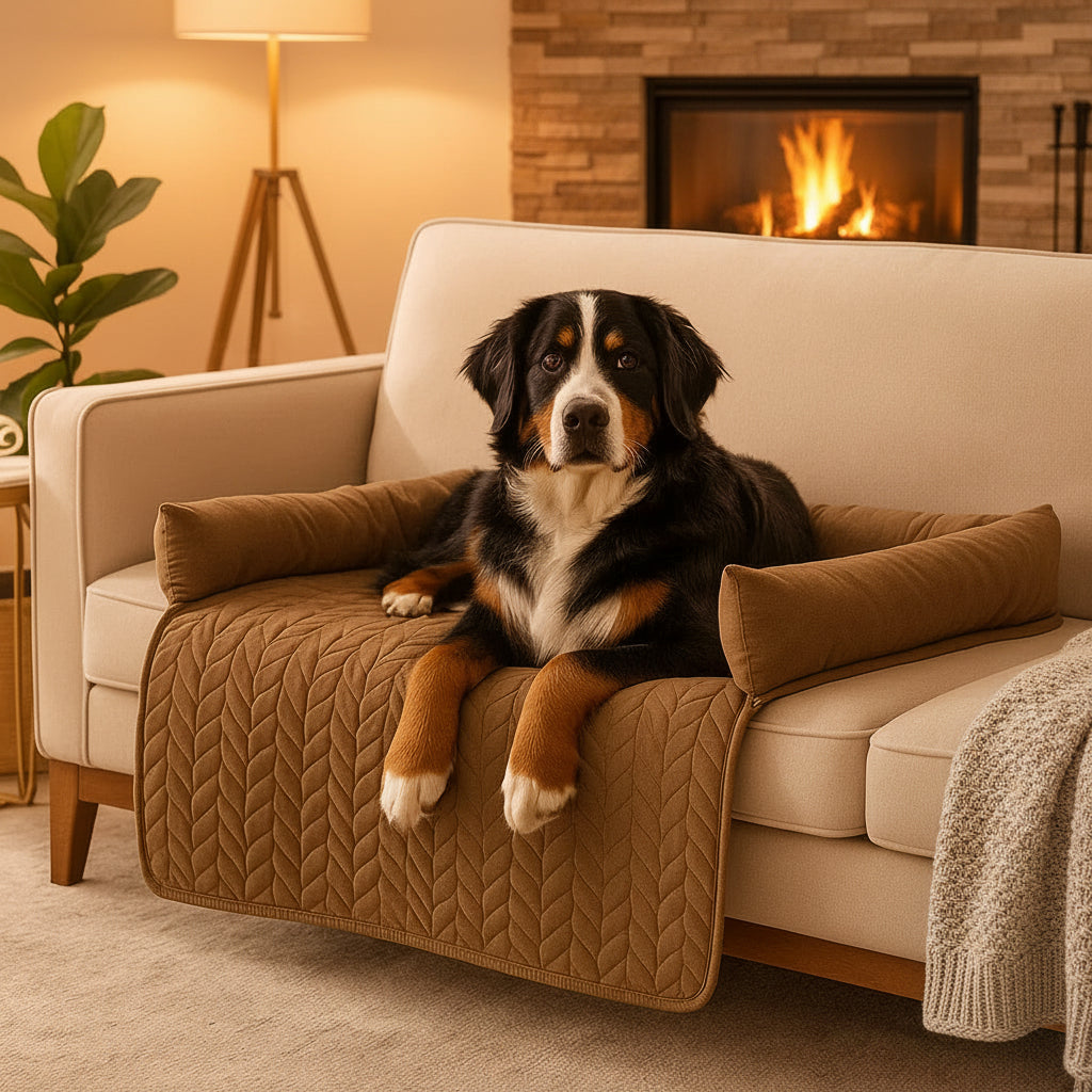 Hundebett mit Sofabezug vor dem Kamin am Abend