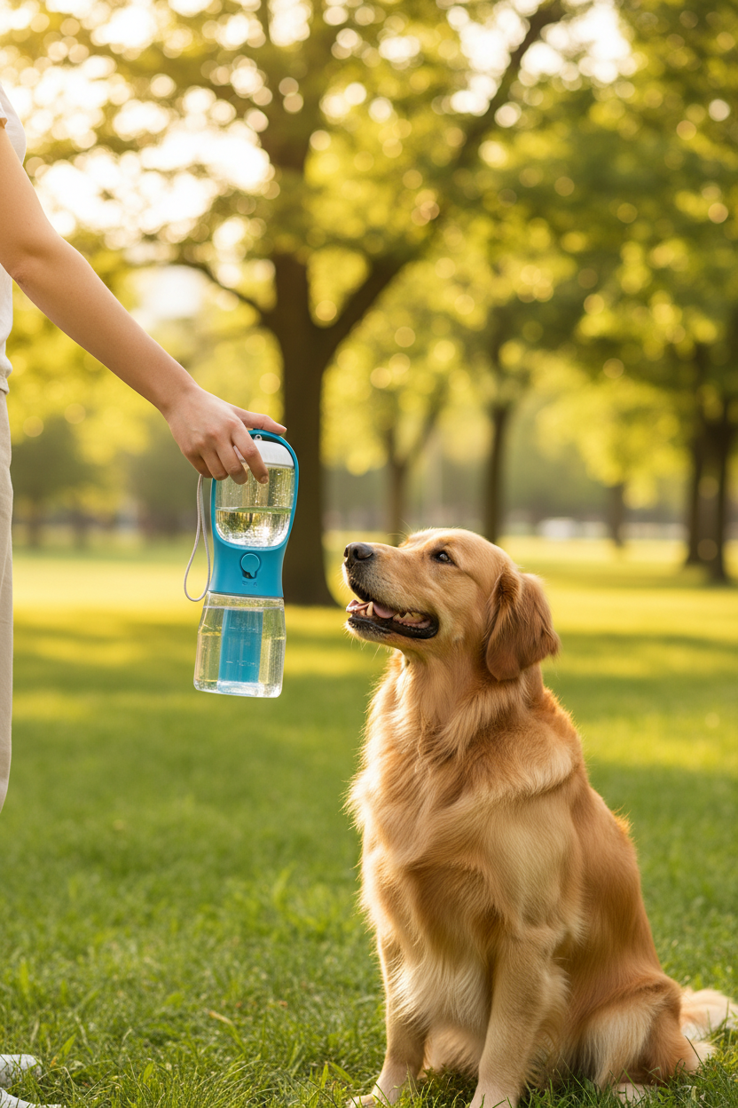 Golden Retriever wartet auf Wasser aus der 3-in-1 Trinkflasche im Park