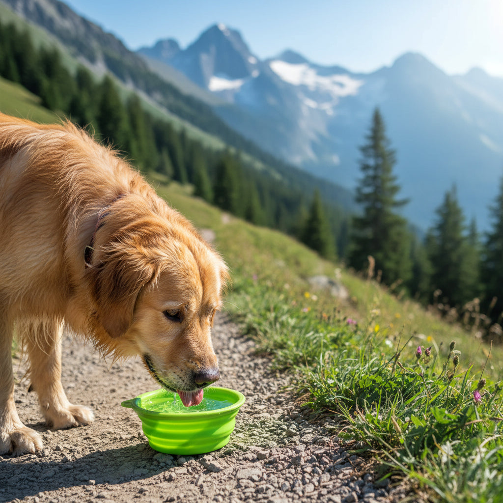 Hund trinkt unterwegs aus dem faltbaren Reisenapf in den Bergen