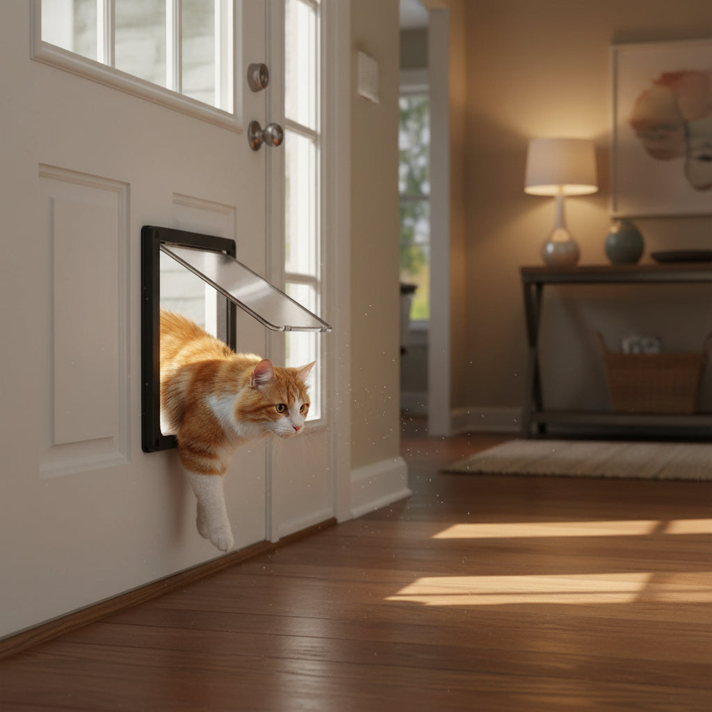 Katze geht durch die Hundeklappe in der Haustür