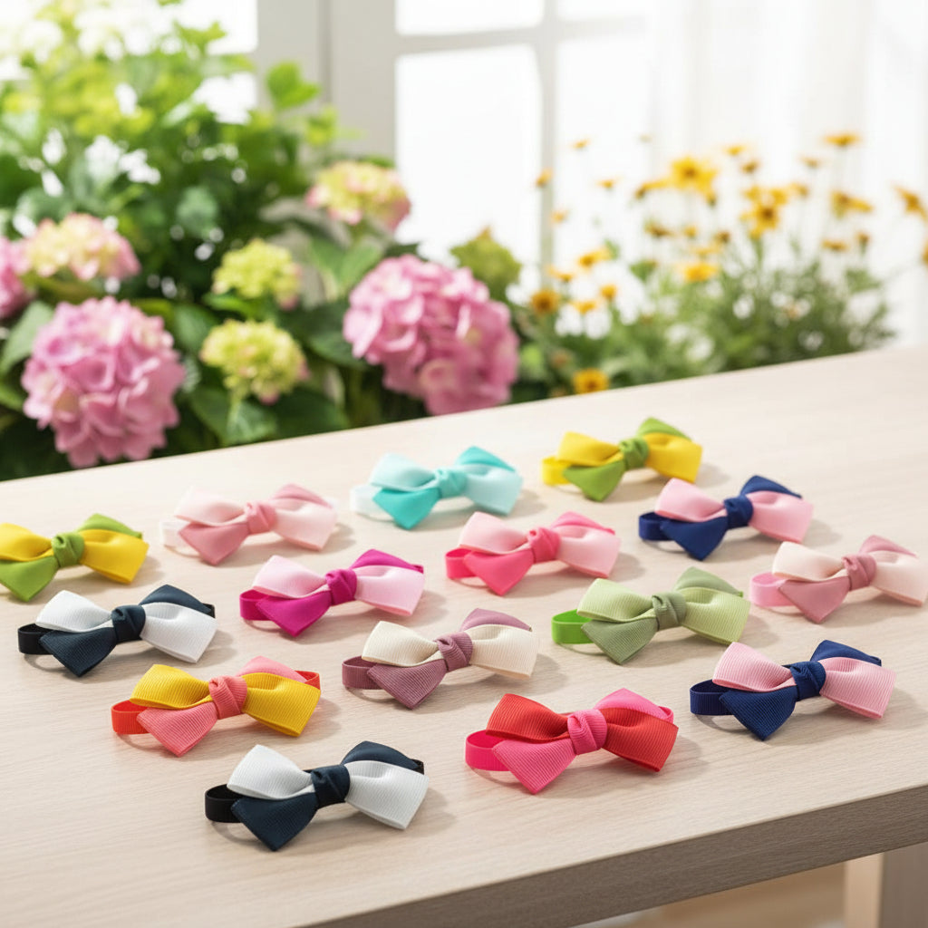 Hundefliegen in vielen Farben auf einem Holztisch mit Blumen