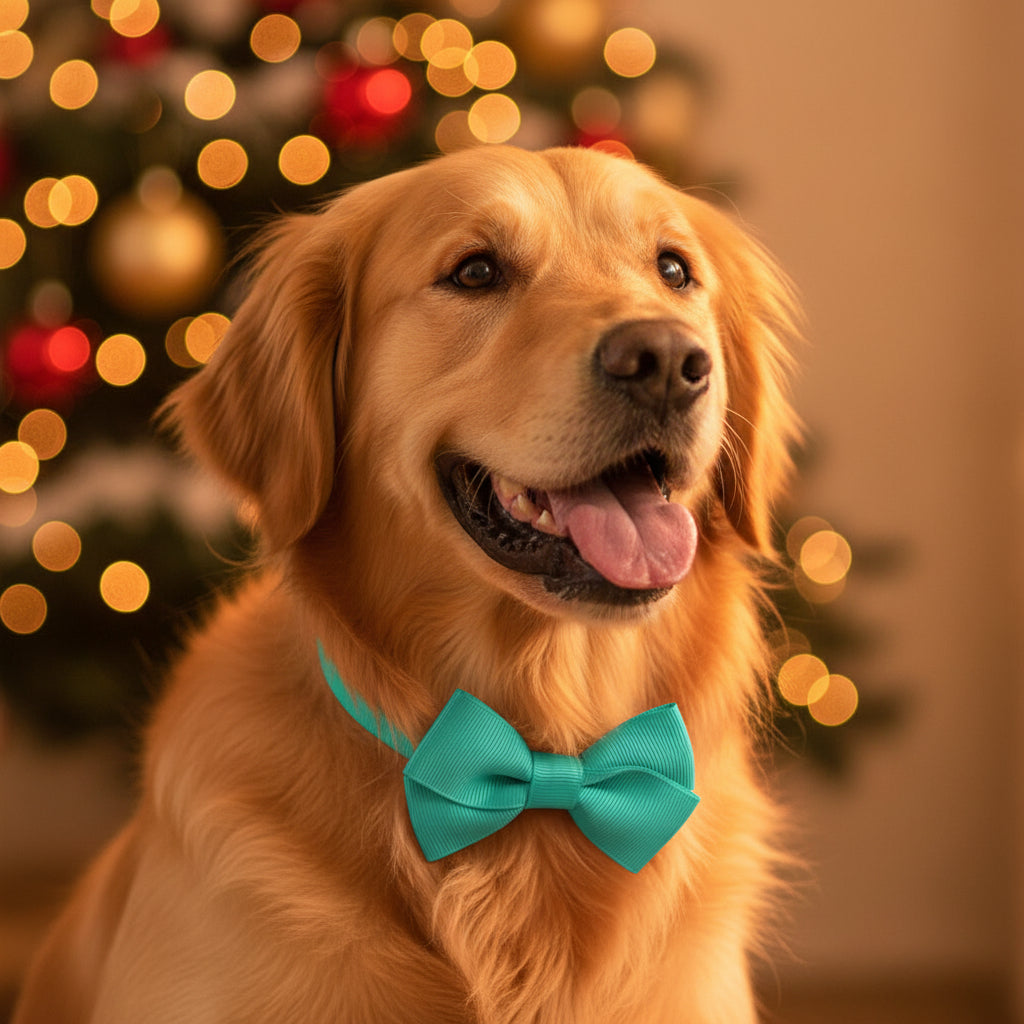 Golden Retriever mit türkiser Fliege am Halsband