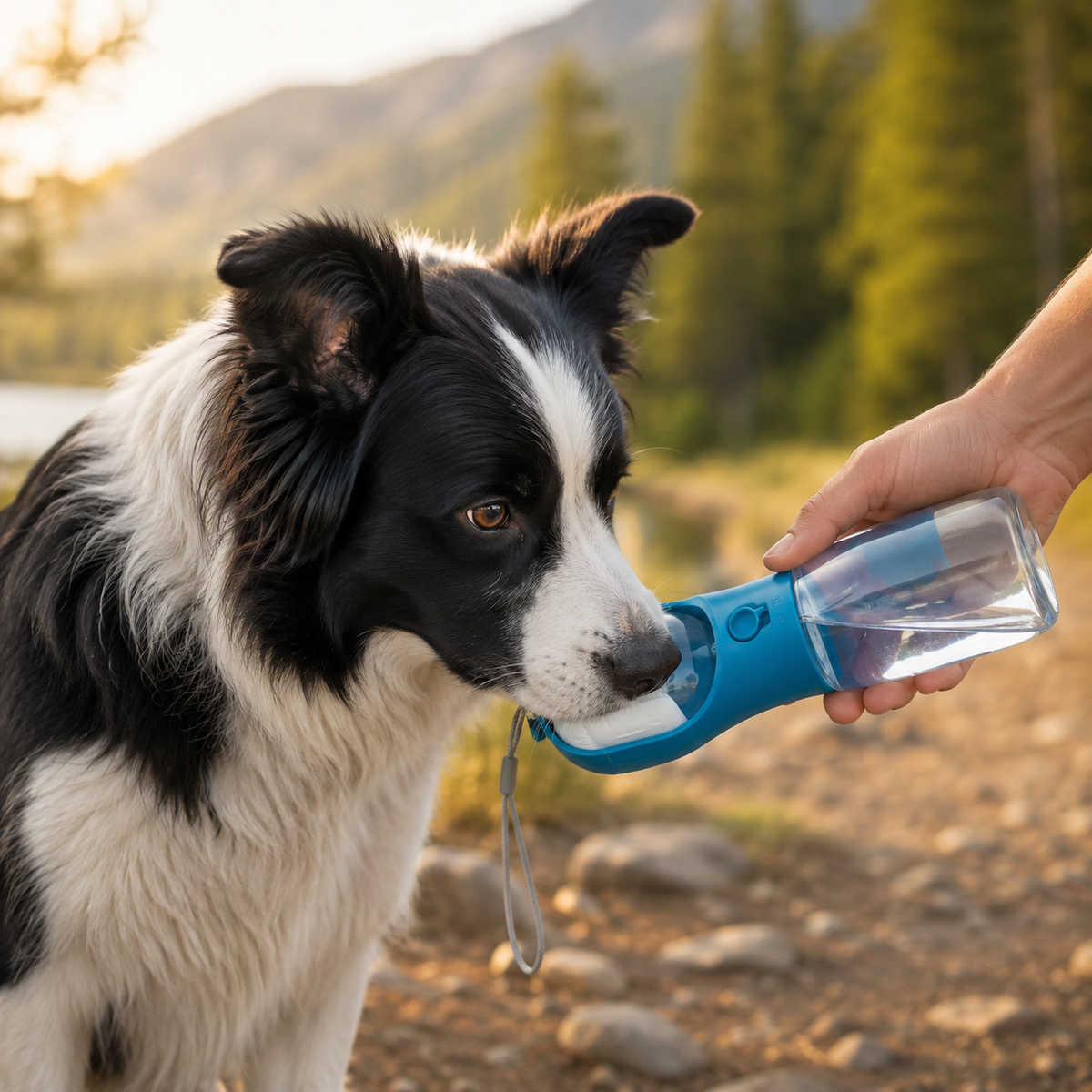 Hund trinkt aus der 3-in-1 Trinkflasche unterwegs
