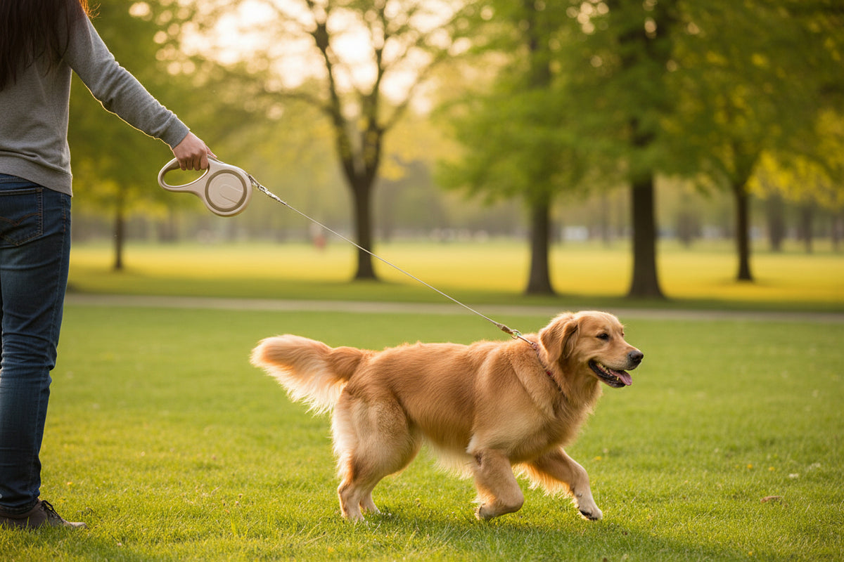 Golden Retriever an der ausziehbaren Nylon-Leine beim Spaziergang im Park