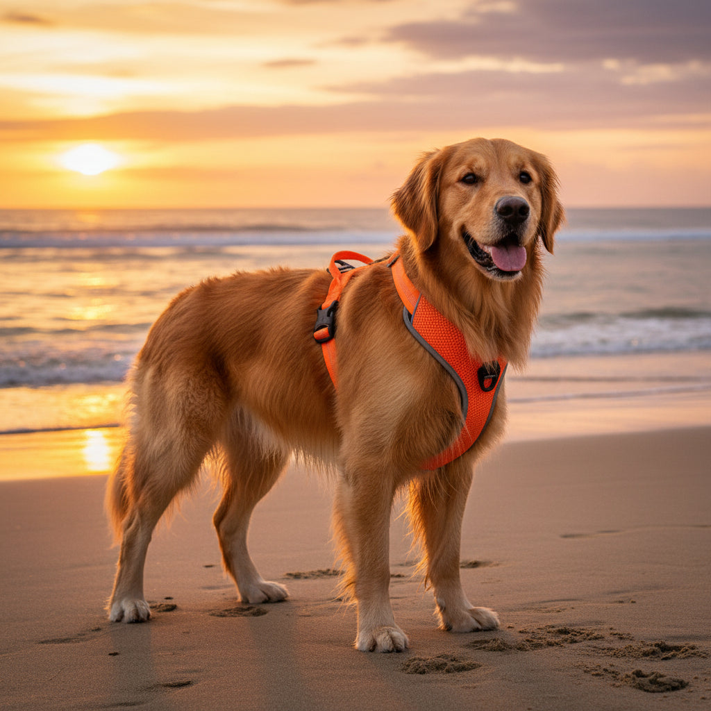 Golden Retriever mit orangem Anti-Zug-Geschirr am Strand bei Sonnenuntergang