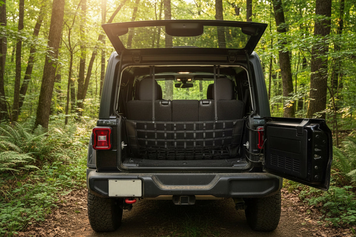 Trenngitter-Netz im geöffneten Kofferraum eines Jeeps im Wald