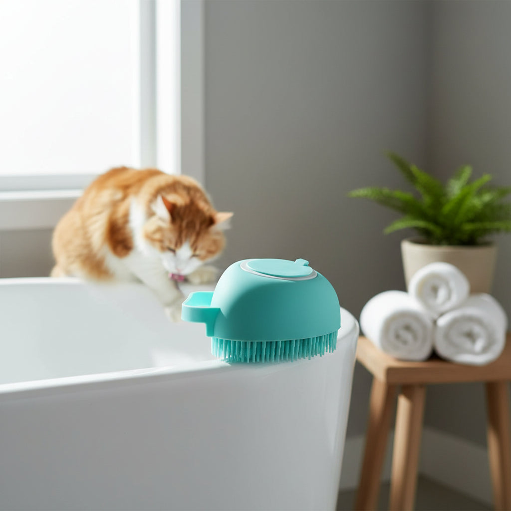 Silikon-Massagehandschuh am Badewannenrand, Katze schaut zu