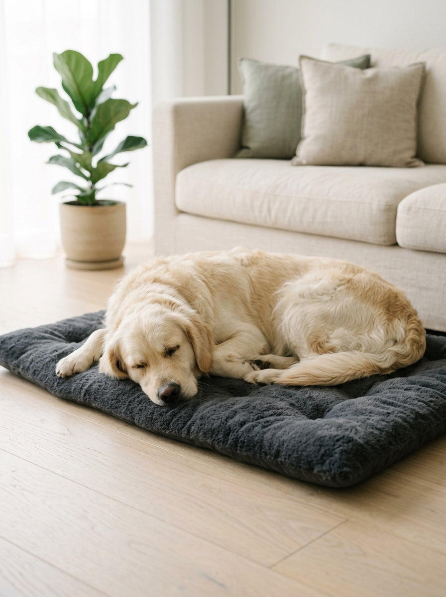 Hund schläft auf einer flachen, anthrazitfarbenen Plüsch-Steppmatte im hellen Wohnzimmer