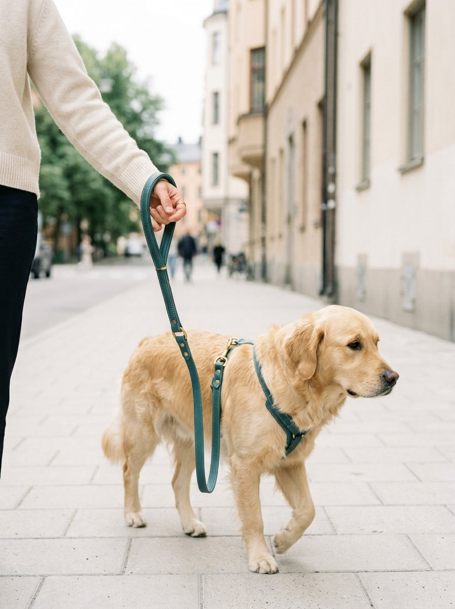 Hand hält eine petrolfarbene Lederleine, Hund läuft ruhig daneben auf hellem Gehweg