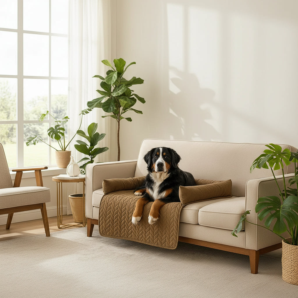 Berner Sennenhund auf dem Sofabezug im hellen Wohnzimmer