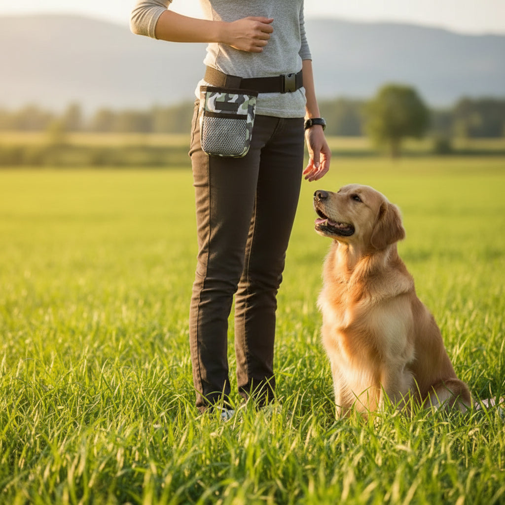 Leckerlibeutel am Gürtel beim Hundetraining auf der Wiese