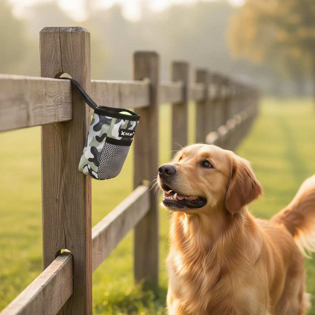 Leckerlibeutel am Holzzaun, Hund schaut erwartungsvoll hoch