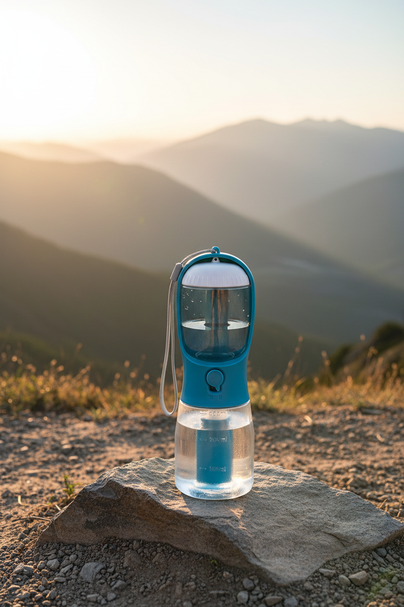 3-in-1 Trinkflasche auf einem Stein am Wanderweg in den Bergen