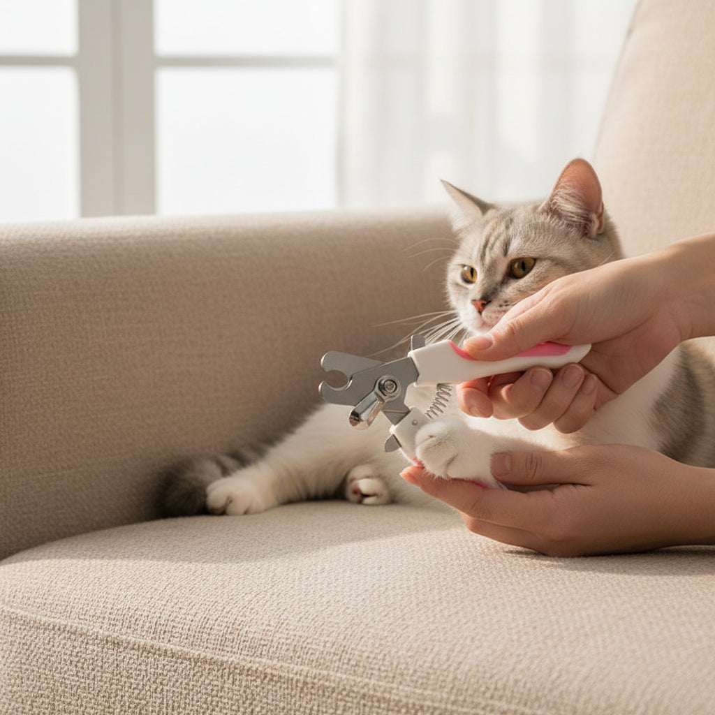 Krallenpflege bei einer Katze auf dem Sofa mit der Krallenschere