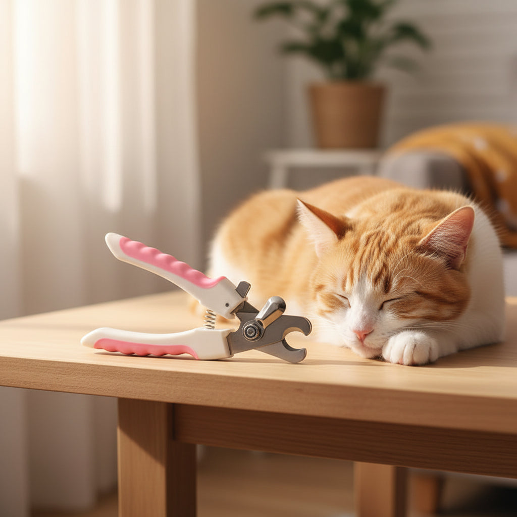 Krallenschere auf dem Holztisch neben einer schlafenden Katze