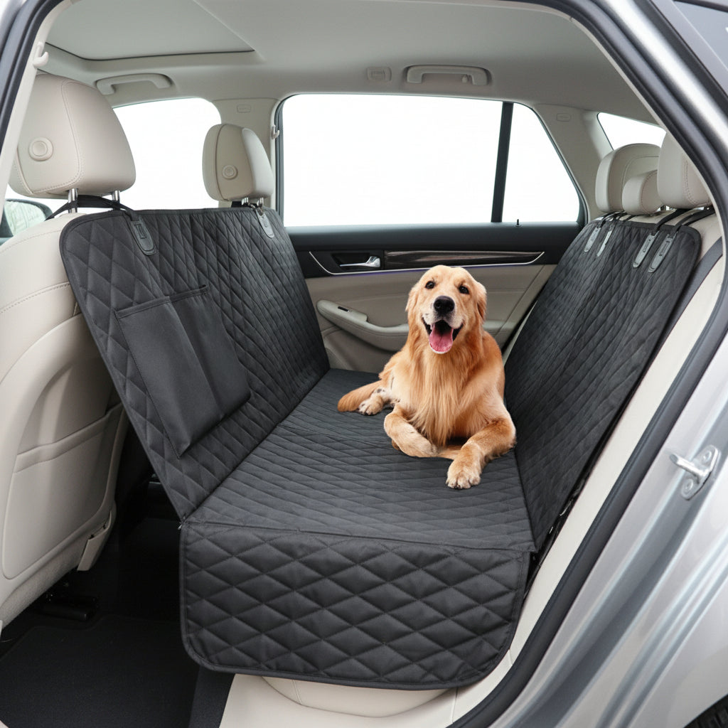 Autoschondecke im geöffneten Kofferraum am Waldparkplatz mit Hund