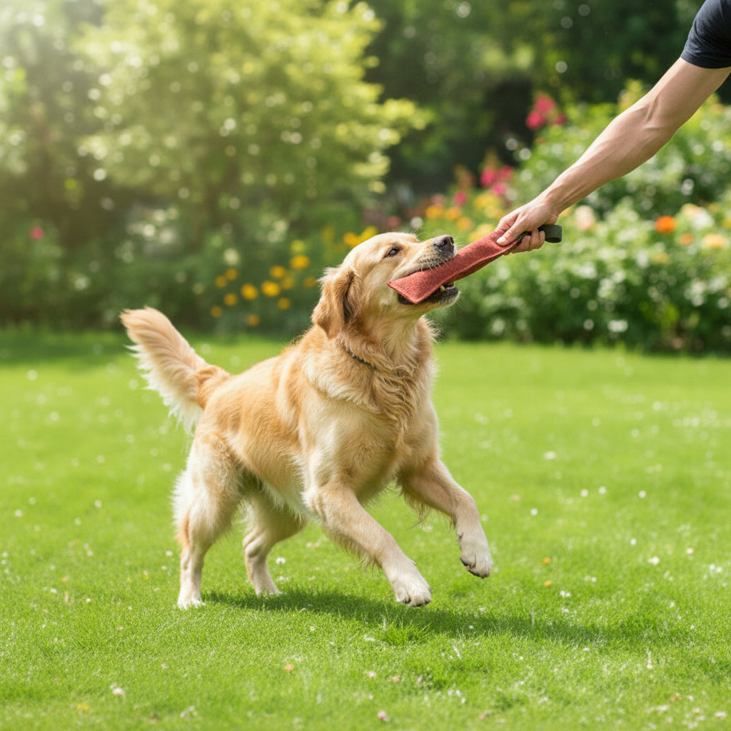 Hund und Mensch spielen im Garten Tauziehen mit dem Kauspielzeug aus Rindsleder