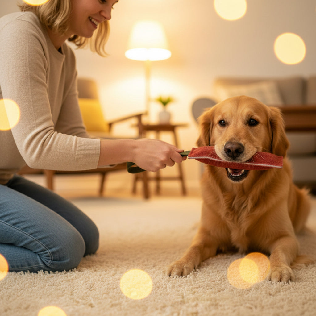 Frau spielt mit ihrem Golden Retriever im Wohnzimmer mit dem Kauspielzeug