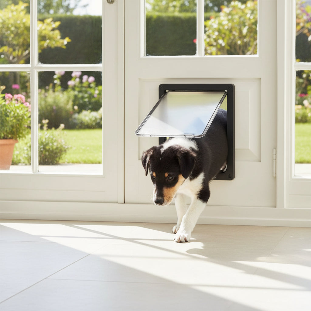 Hundeklappe in der Terrassentür, Hund kommt aus dem Garten herein