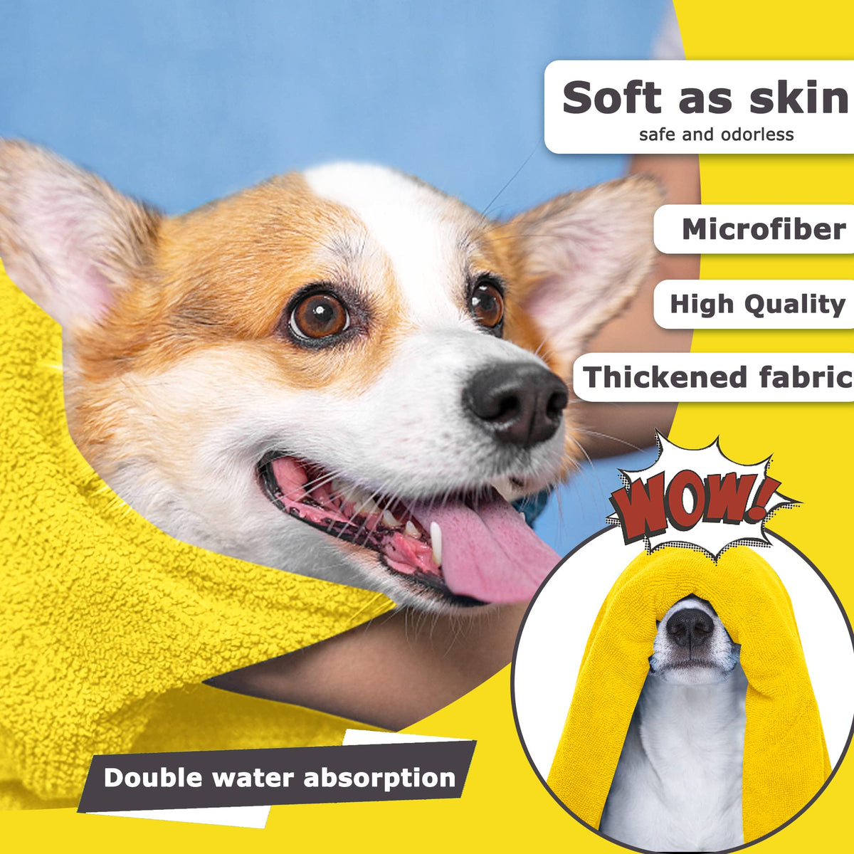 Dog Towels for Drying Dogs Drying Towel Dog Bath Towel, Quick-Drying Pet Dog and Cat Towels Soft Fiber Towels Robe Super Absorbent Quick Drying Soft Microfiber Pet Towel for Dogs, Cats Yellow