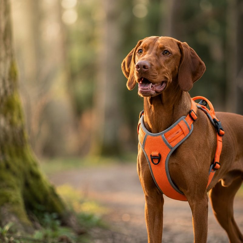 Hund mit Anti-Zug-Geschirr an der Leine im Wald