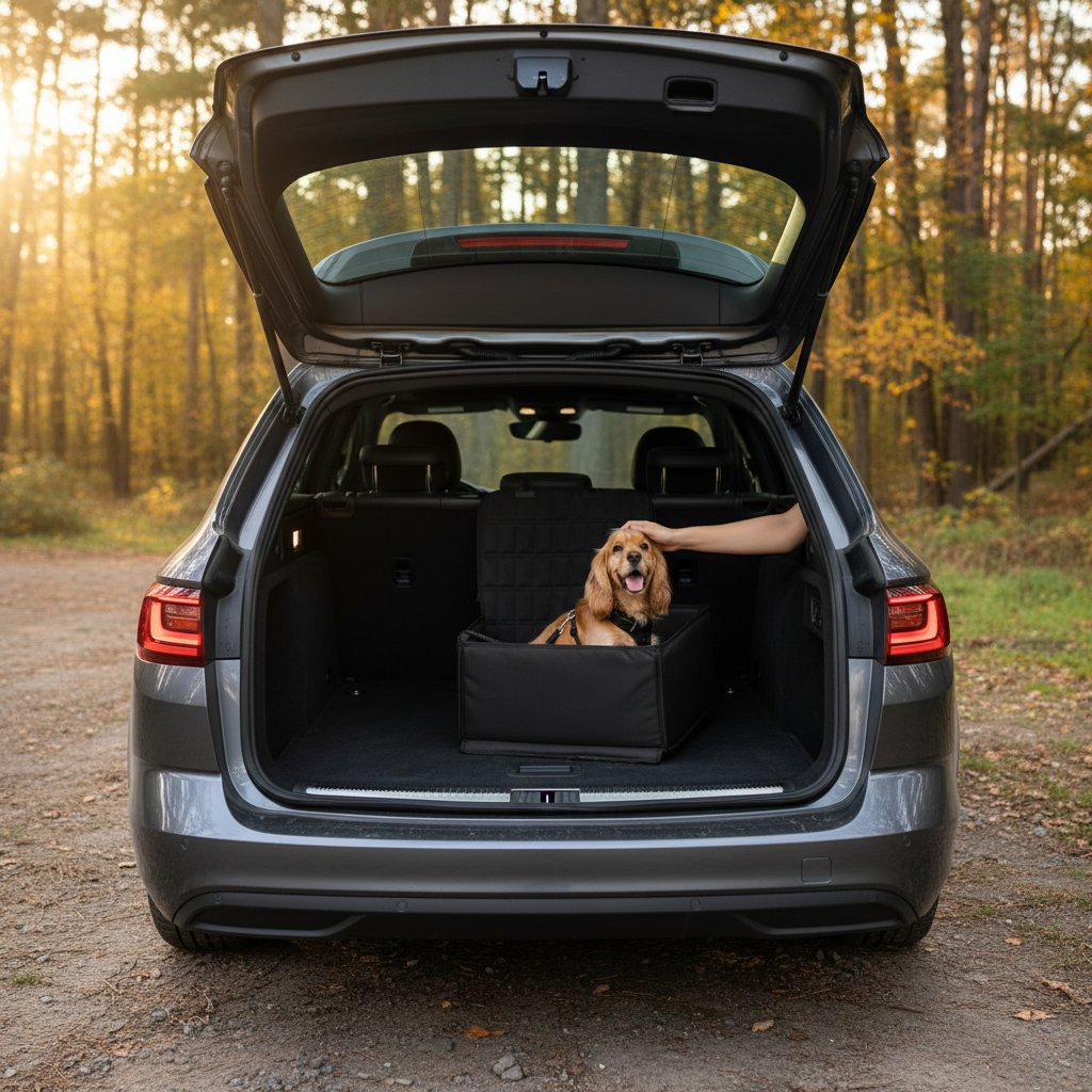 Auto-Reisetasche mit Hund im geöffneten Kofferraum am Waldparkplatz