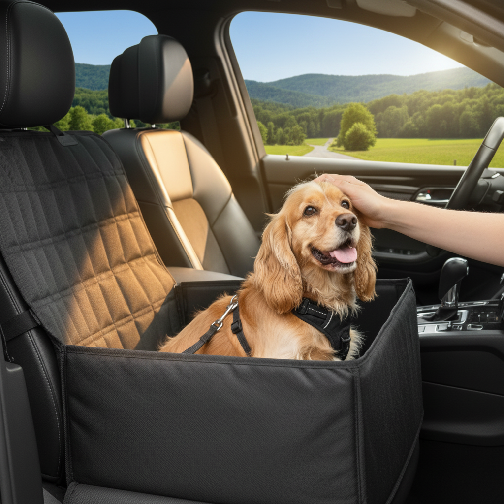 Hund in der Auto-Reisetasche auf dem Beifahrersitz, Landschaft durch das Fenster