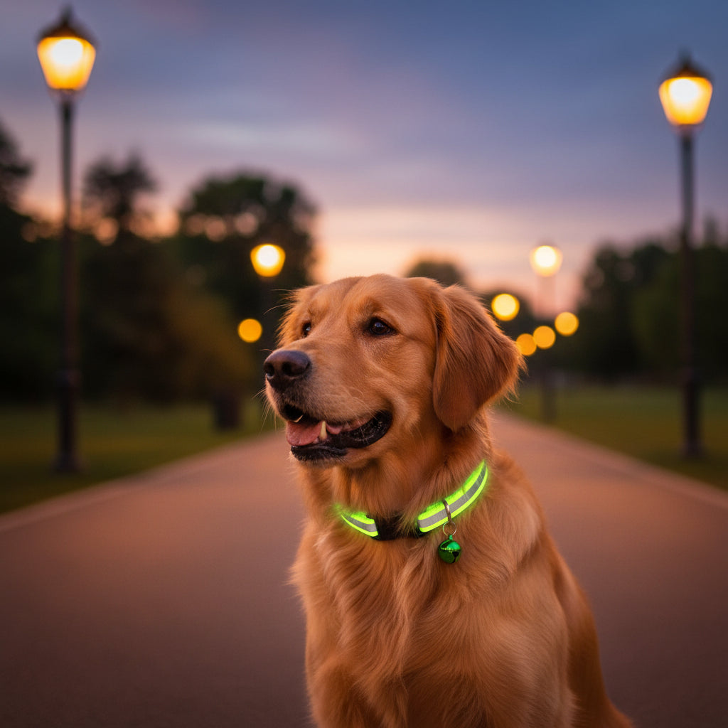 Hund mit neongrünem LED-Halsband beim Abendspaziergang im Park