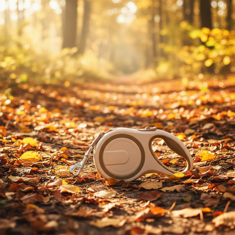Ausziehbare Hundeleine auf einem herbstlichen Waldweg