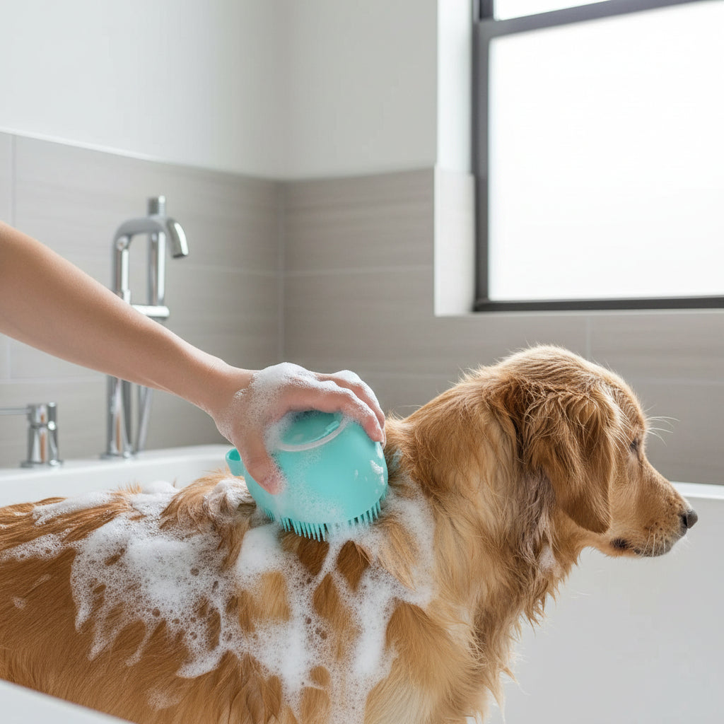 Hund wird mit dem Silikon-Massagehandschuh in der Badewanne gewaschen