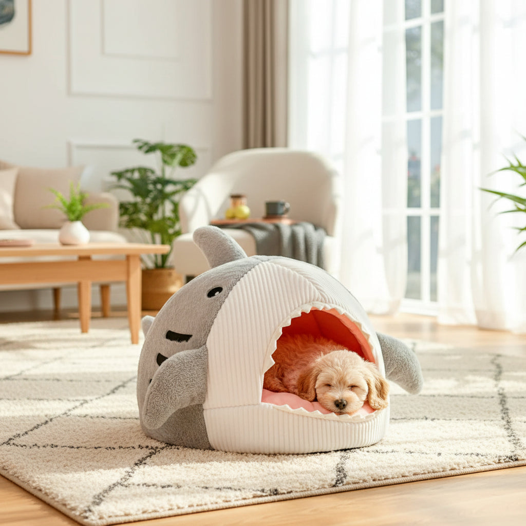 Welpe schläft im Plüsch-Kuschelbett Hai im Wohnzimmer