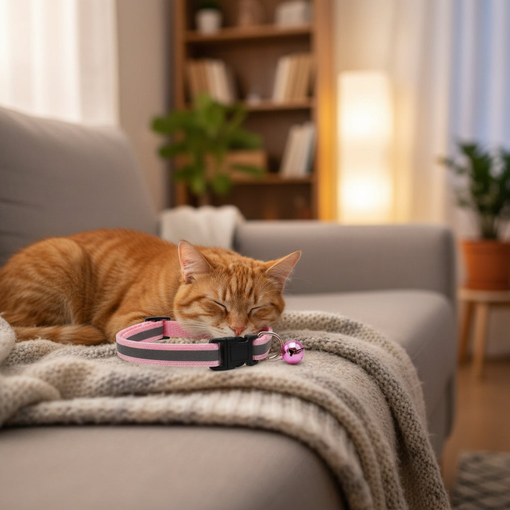 Rosa LED-Halsband mit Katze auf dem Sofa im Wohnzimmer