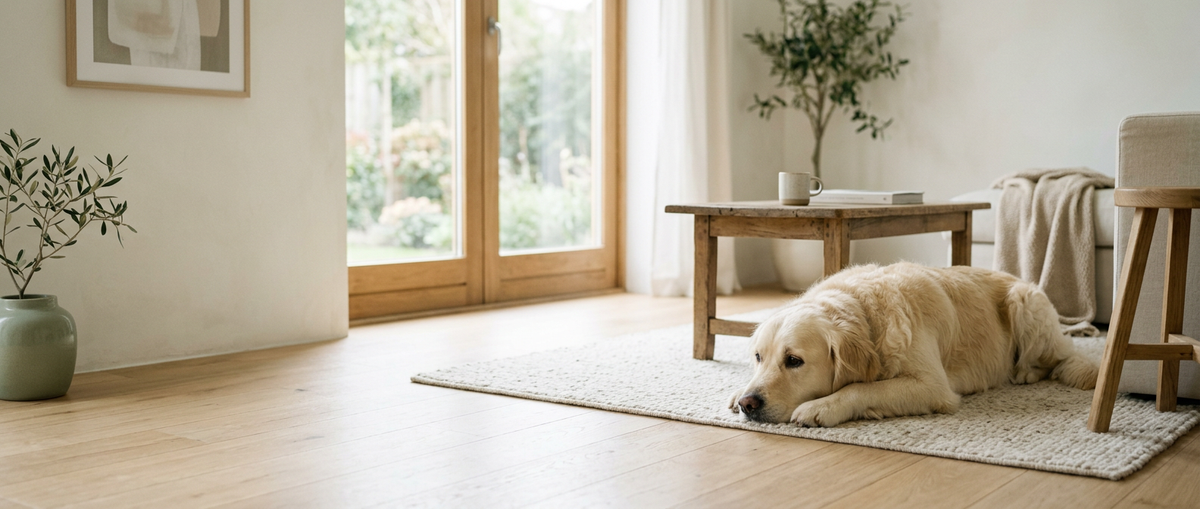 Golden Retriever liegt entspannt auf einem hellen Teppich in einem lichtdurchfluteten Wohnraum