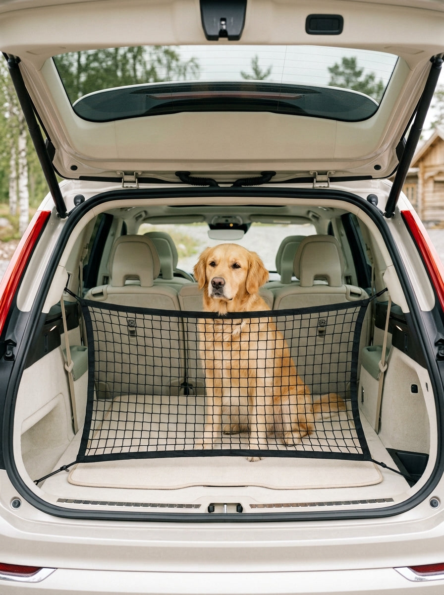 Hund sitzt hinter einem schwarzen Trenngitter-Netz im hellen, geöffneten Kofferraum